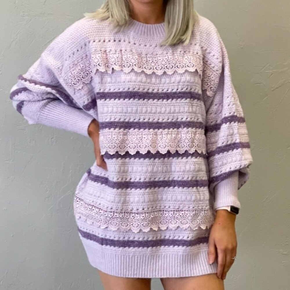 Purple Fringe Chunky Knit Lace Sweater Striped Ribbed Oversized - Picture 5 of 14